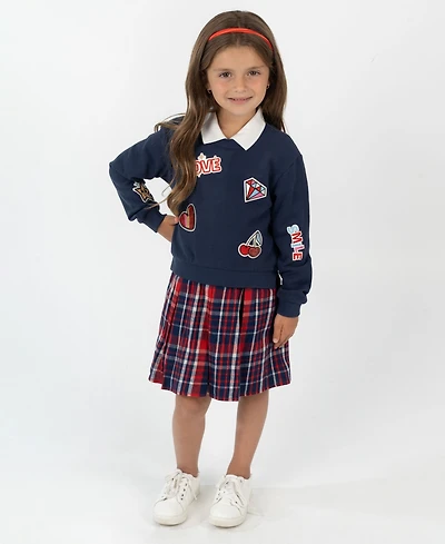 Rare Editions Little Girls Polo Collar & Plaid Skirt Dress with Patch-Covered Sweatshirt, 2 pc