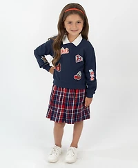 Rare Editions Little Girls Polo Collar & Plaid Skirt Dress with Patch-Covered Sweatshirt, 2 pc
