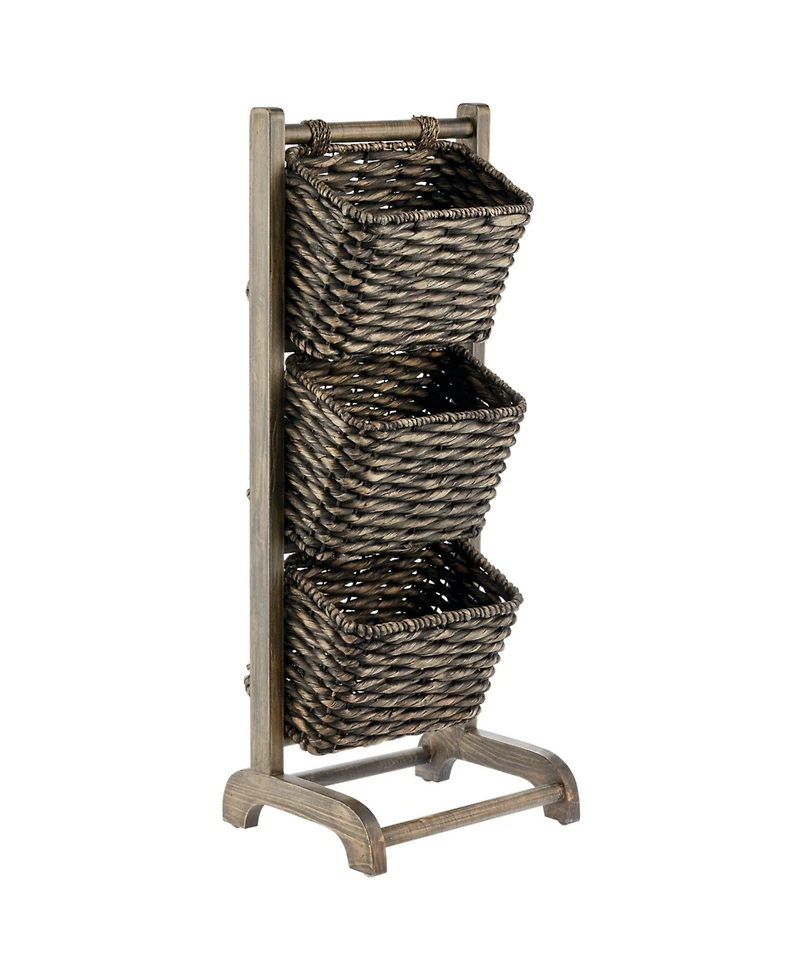 mDesign Water Hyacinth 3-Tiered Storage Baskets Floor Stand - Black/Black Wash