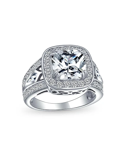 Bling Jewelry Art Deco Style 3CTW Cz Halo Cushion Cut Solitaire Promise Ring Sterling Silver Split Pave Cubic Zirconia Side Stone Filigree Band