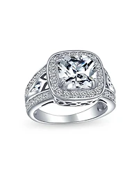Bling Jewelry Art Deco Style 3CTW Cz Halo Cushion Cut Solitaire Promise Ring Sterling Silver Split Pave Cubic Zirconia Side Stone Filigree Band
