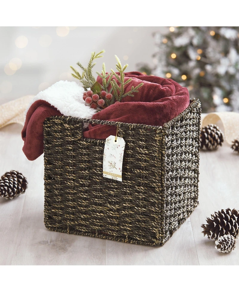 mDesign Seagrass Woven Cube Bin Basket Organizer, Handles, 4 Pack, Black Wash