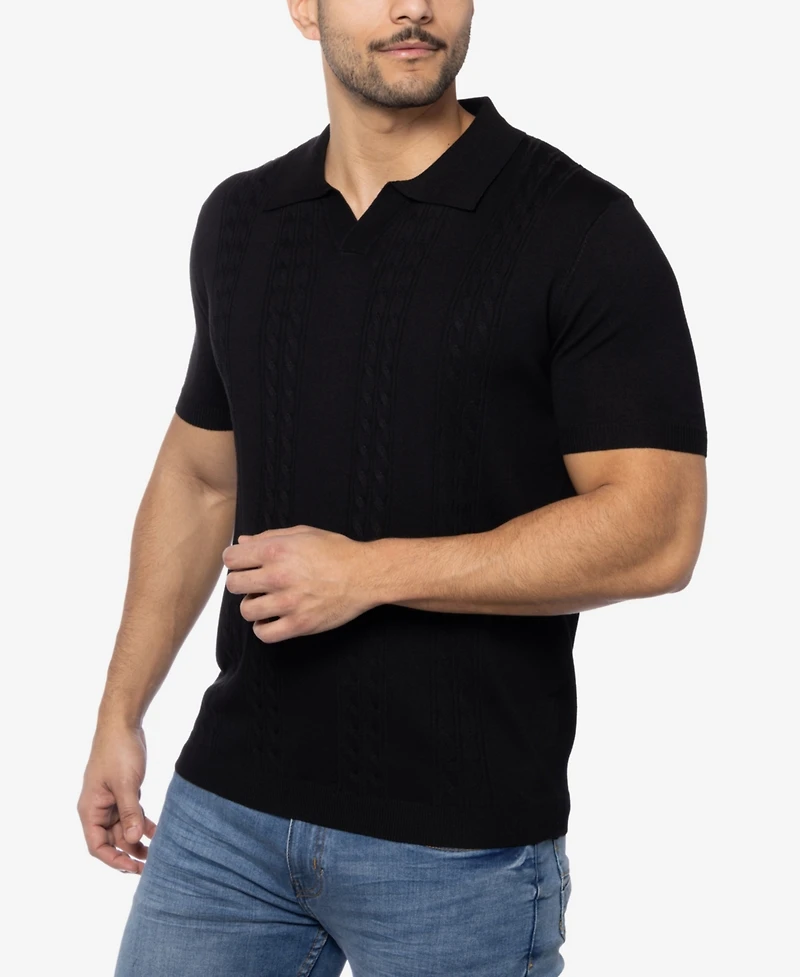 Spring + Mercer Men's Cable Knit Johnny Collar Short Sleeve Sweater Polo