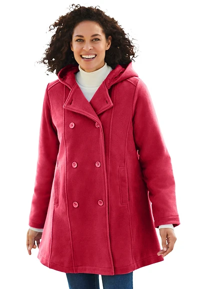Woman Within Women's Double-Breasted Hooded Fleece Peacoat