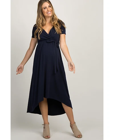 PinkBlush Navy Blue Solid Hi-Low Maternity Wrap Dress