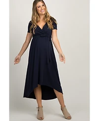 PinkBlush Navy Blue Solid Hi-Low Maternity Wrap Dress