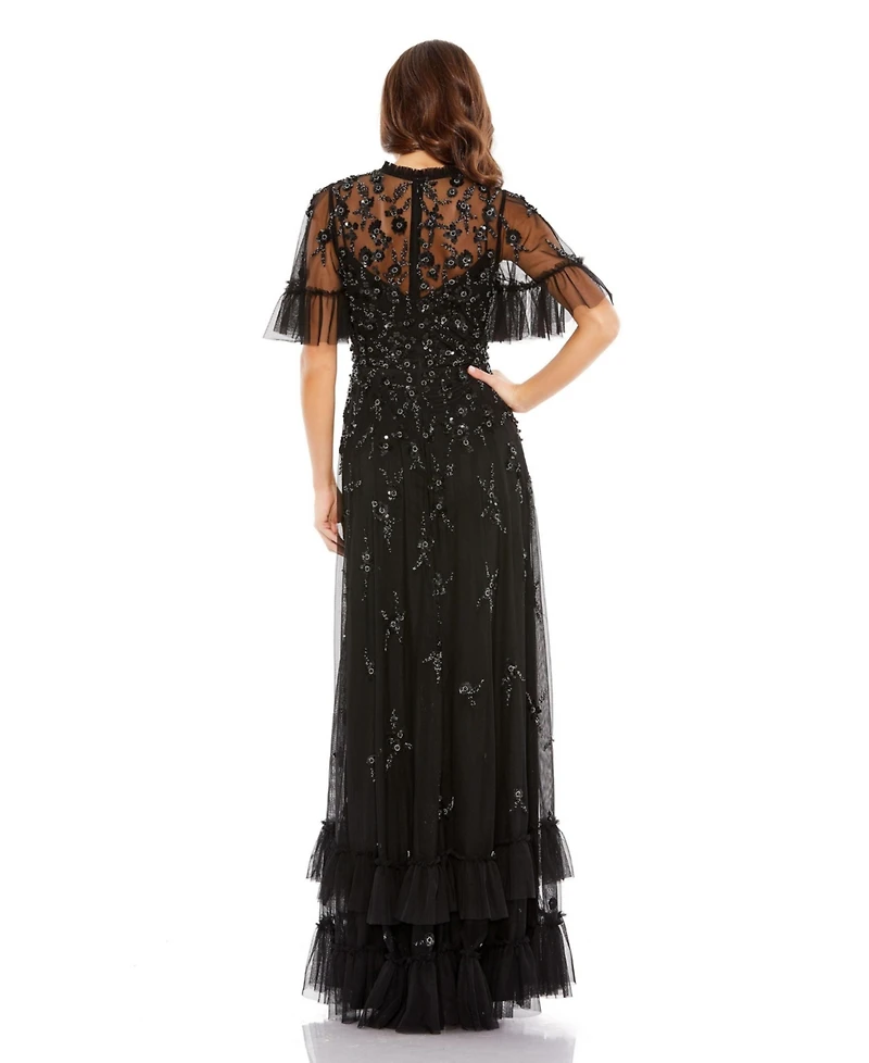 Mac Duggal Women's Ruffled Floral Embellished Flutter Sleeve A-Line Gown
