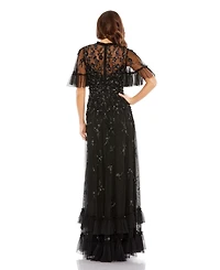 Mac Duggal Women's Ruffled Floral Embellished Flutter Sleeve A-Line Gown