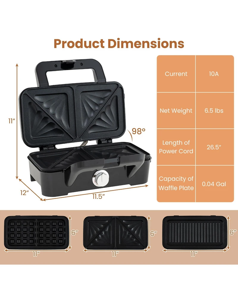 3 in 1 Waffle Iron Panini Press Grill and Sandwich Maker Set with Removable Non-Stick Plates & Portable Cool Touch Handle