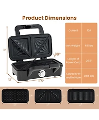 3 in 1 Waffle Iron Panini Press Grill and Sandwich Maker Set with Removable Non-Stick Plates & Portable Cool Touch Handle