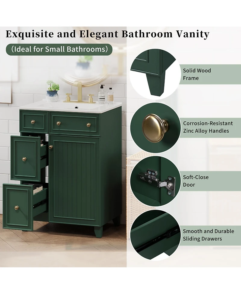 Casainc 24" Bathroom Vanity Cabinet with Ceramic Sink, 2 Drawers and 1 Soft-Close Door