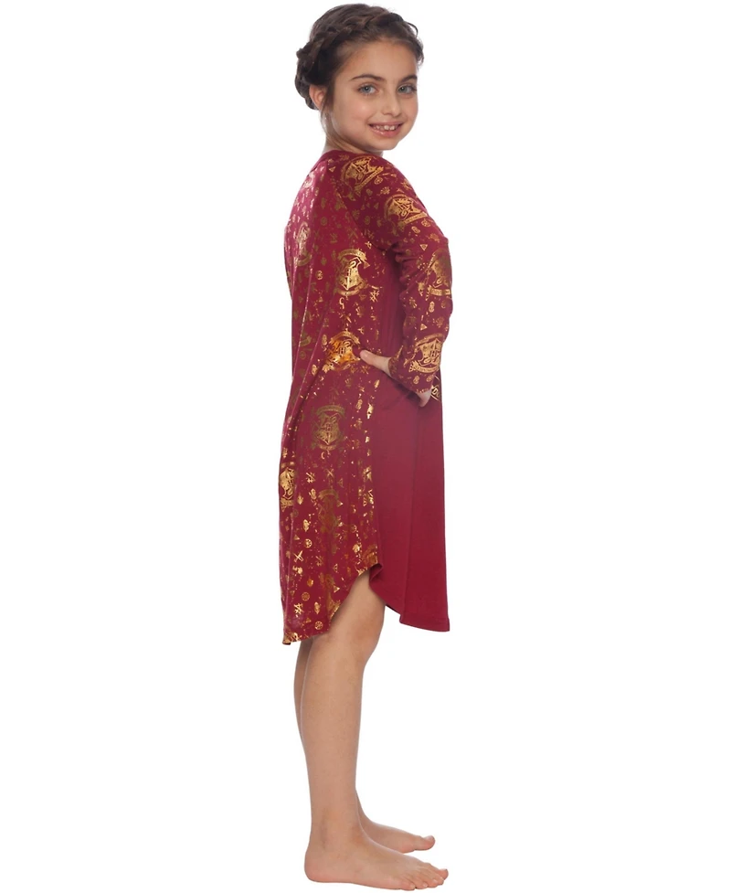 Harry Potter Girls Nightgown Hermione Gold Foil Hogwarts Castle Crest Long-Sleeve Pajama Lounge Sleepwear