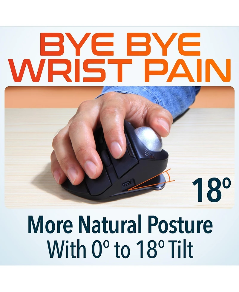 Delton T100 Ergonomic Tilt Wireless Trackball Computer Mouse