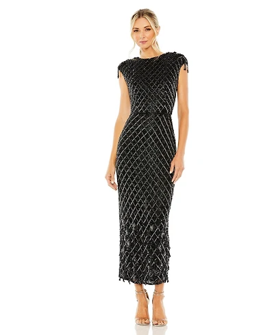 Mac Duggal Women's High Neck Dress w/ Crystal Fringe Detail
