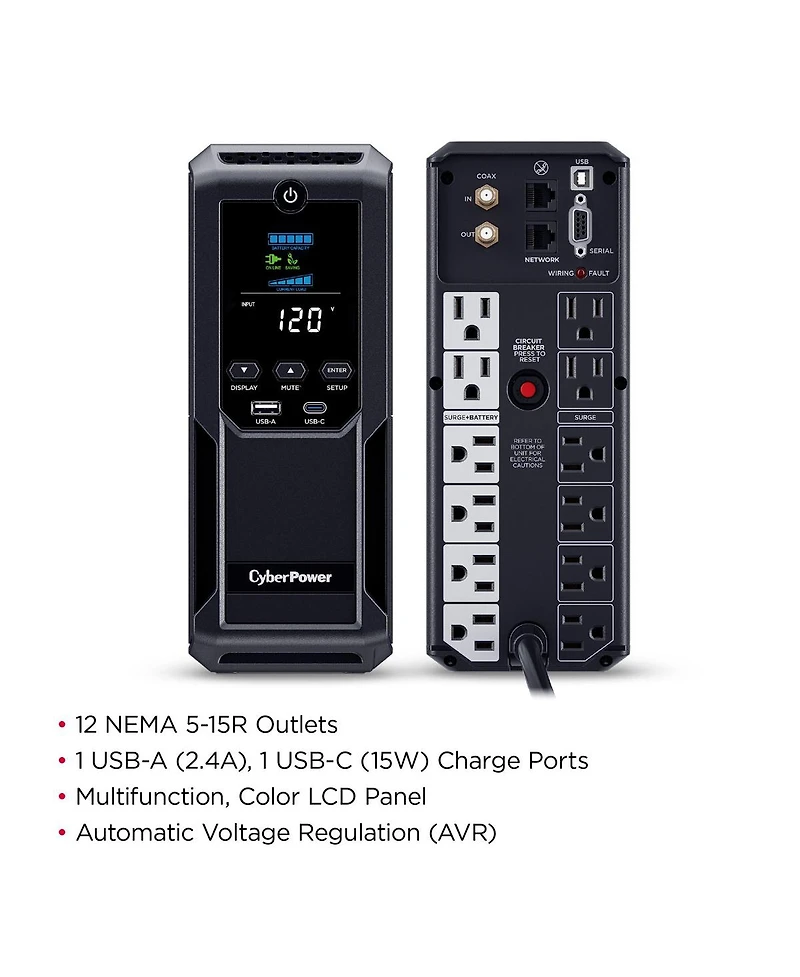 CyberPower CP1500AVRLCD3 1500VA/900W Intelligent LCD Mini-Tower Ups, Nema 5-15P