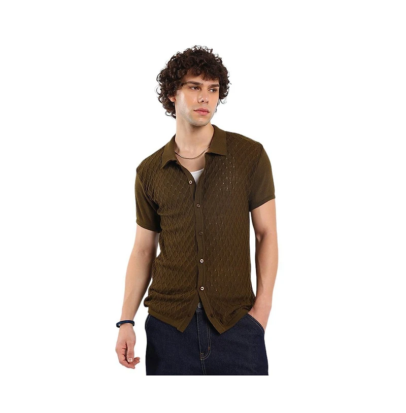 Campus Sutra Men's Mocha Brown Harlequin-Textured Knit Shirt