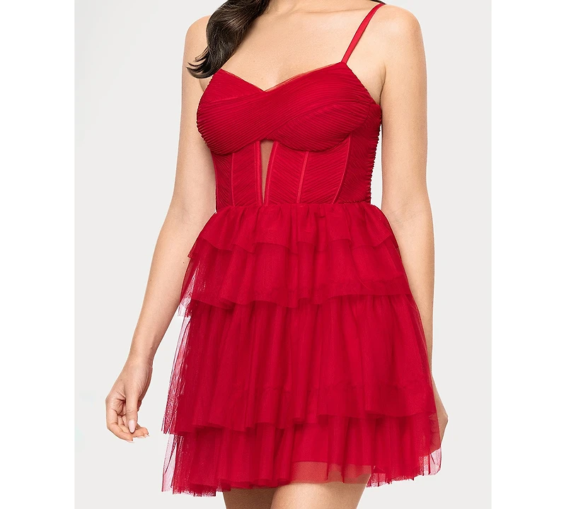 Blondie Nites Juniors' Mesh Corset Illusion Sweetheart Neck Dress