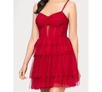 Blondie Nites Juniors' Mesh Corset Illusion Sweetheart Neck Dress