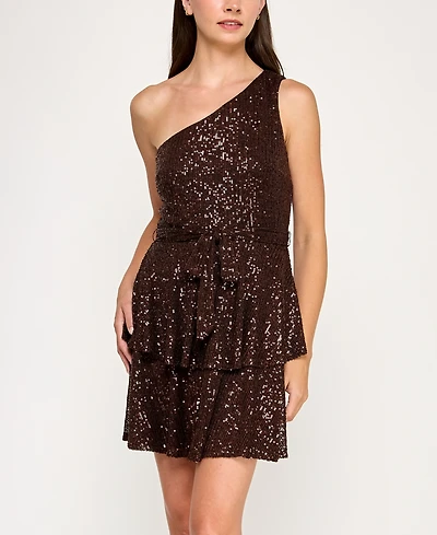 Row A Juniors' One Shoulder Sequin Embellished Short Dress