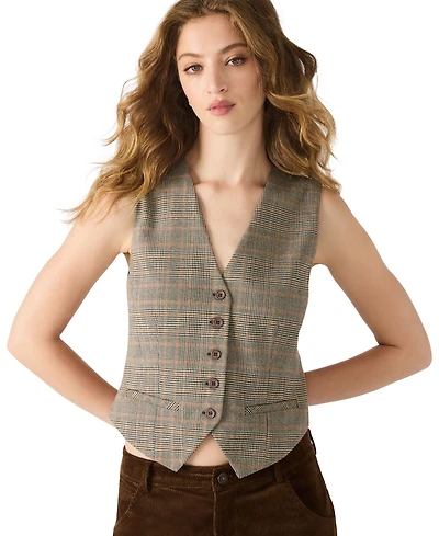 Steve Madden Women's Plaid Detail Barrett V-Neck Top