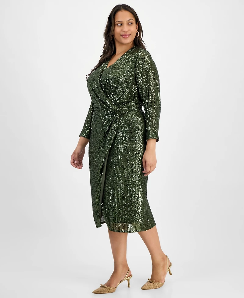 London Times Plus Sequin Faux-Wrap Sheath Dress