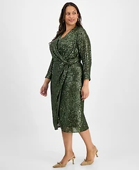 London Times Plus Sequin Faux-Wrap Sheath Dress