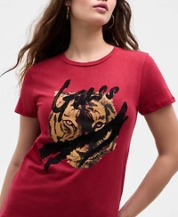 Guess Women's Cotton Tiger-Graphic Lace-Trim T-Shirt