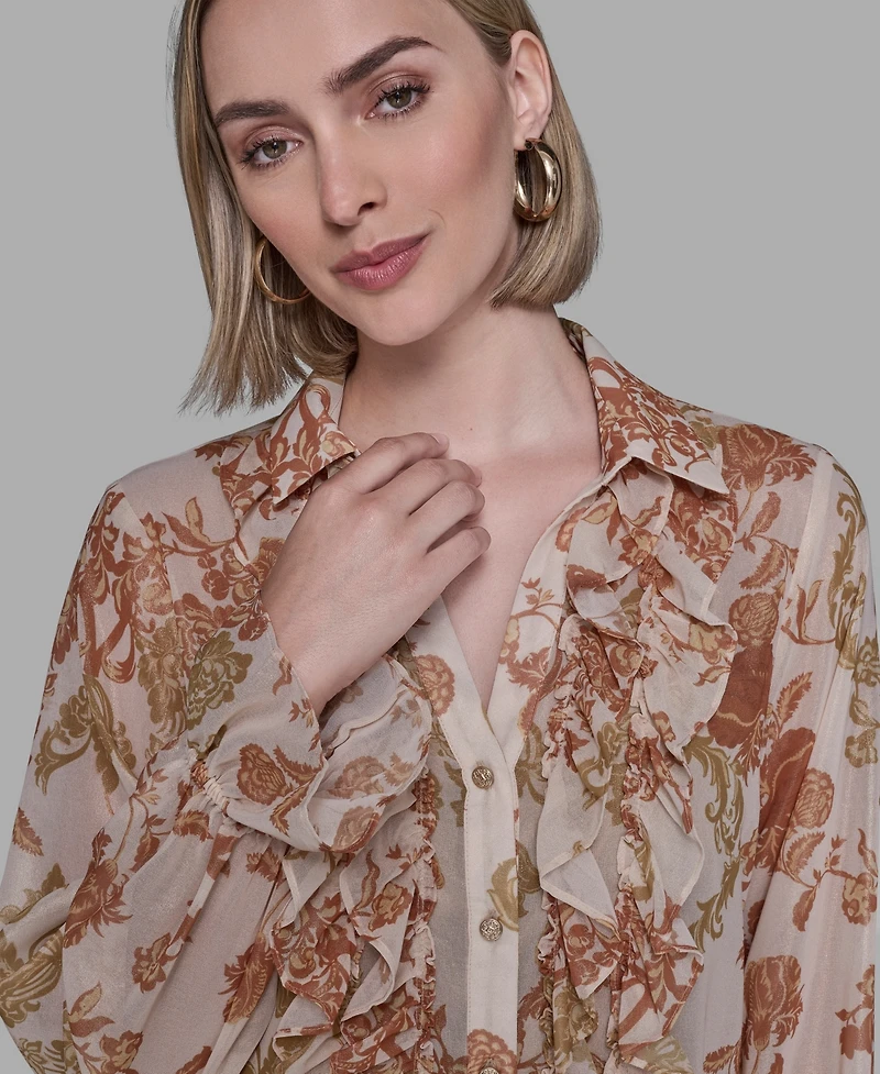 Karl Lagerfeld Paris Women's Printed Ruffled Long Sleeves Blouse