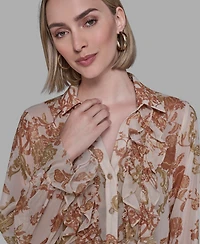 Karl Lagerfeld Paris Women's Printed Ruffled Long Sleeves Blouse