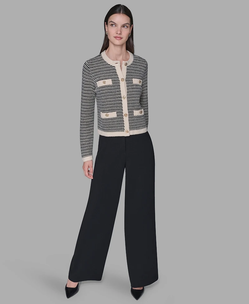 Karl Lagerfeld Paris Women's Striped Crewneck Cardigan Sweater