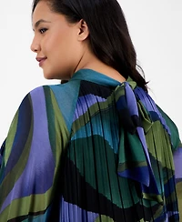 London Times Plus Printed Pleated Blouson-Sleeve Shift Dress