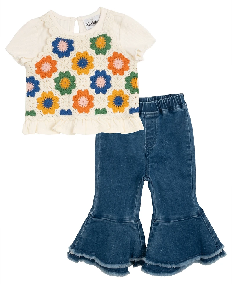 Rare Editions Baby Girl 3-Piece Top, Crochet Tank and Flared Denim Set