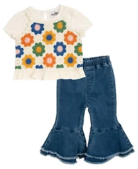 Rare Editions Baby Girl 3-Piece Top, Crochet Tank and Flared Denim Set