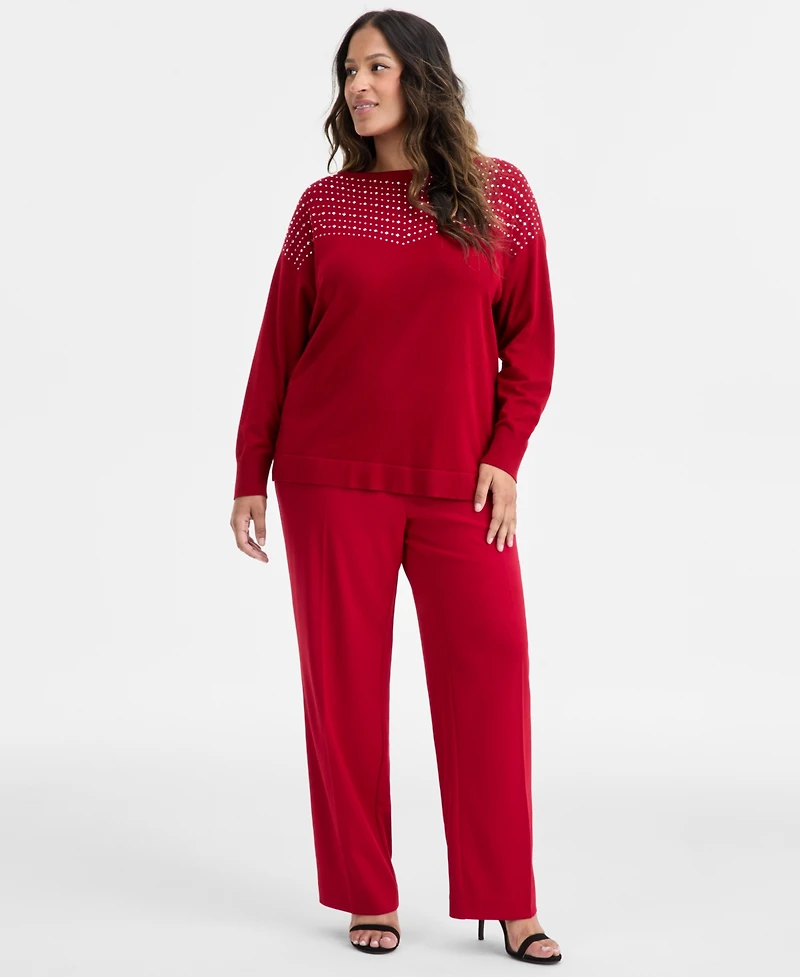 Ak Anne Klein Plus Embellished Boat-Neck Sweater