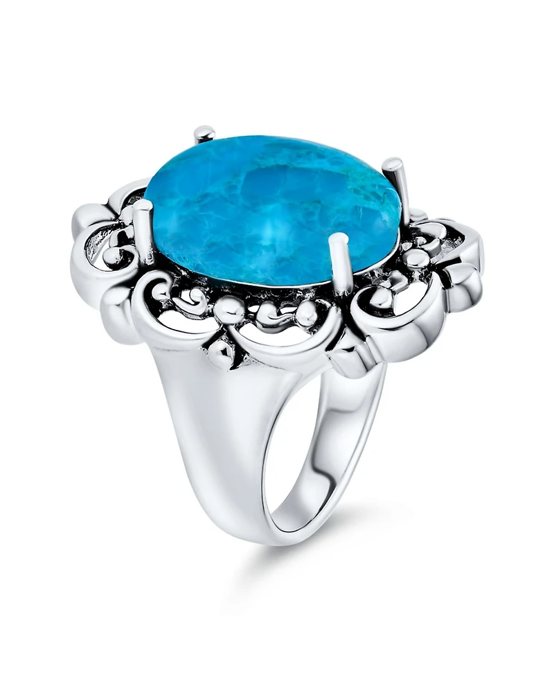 Bling Jewelry Western Style Filigree Oval Cabochon Full Finger Statement Blue Turquoise Ring Oxidized Sterling Silver