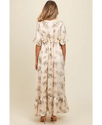 Pinkblush Maternity Cream Floral Chiffon Ruffle Accent Maxi Dress