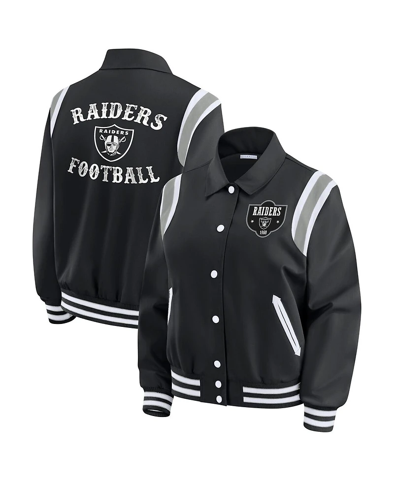 Wear by Erin Andrews Women's Black Las Vegas Raiders Varsity Lightweight Full-Snap Jacket