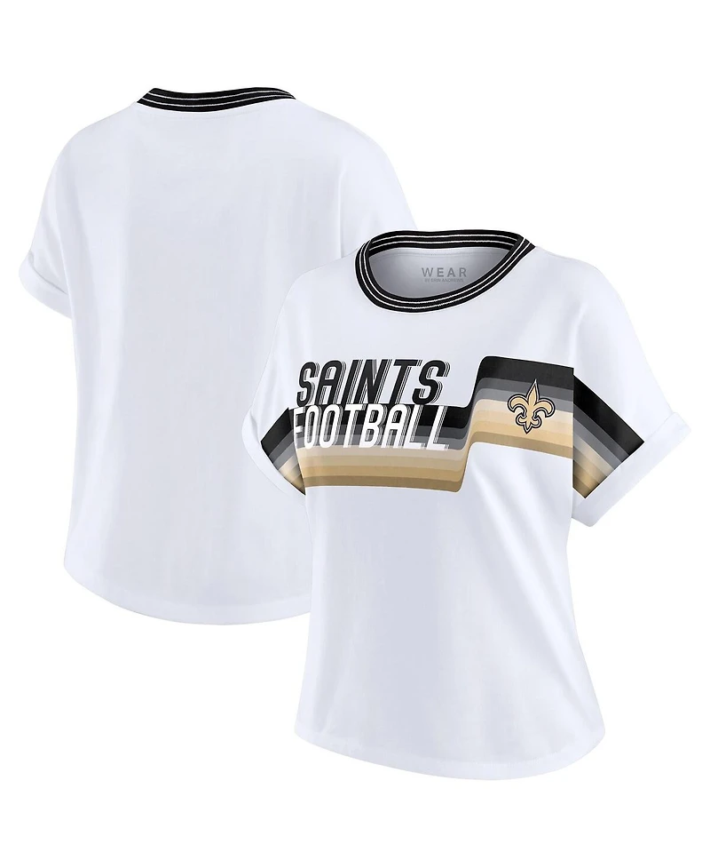 Wear by Erin Andrews Women's White New Orleans Saints Cropped Center Stripe Dolman T-Shirt