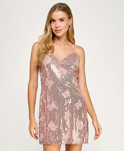 Seni & Cade Juniors' Butterfly Sequin V-Neck Bodycon Dress