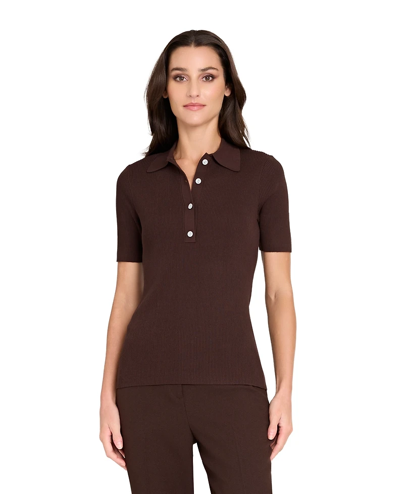 Tahari Asl Women's Collar Neck Ribbed Knit Polo Sweater