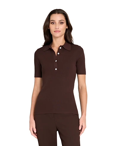 Tahari Asl Women's Collar Neck Ribbed Knit Polo Sweater