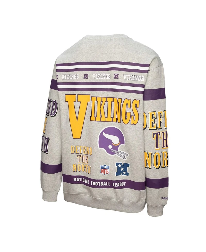 Mitchell & Ness Men's Heather Gray Minnesota Vikings All Over Print Fleece Crewneck Sweatshirt