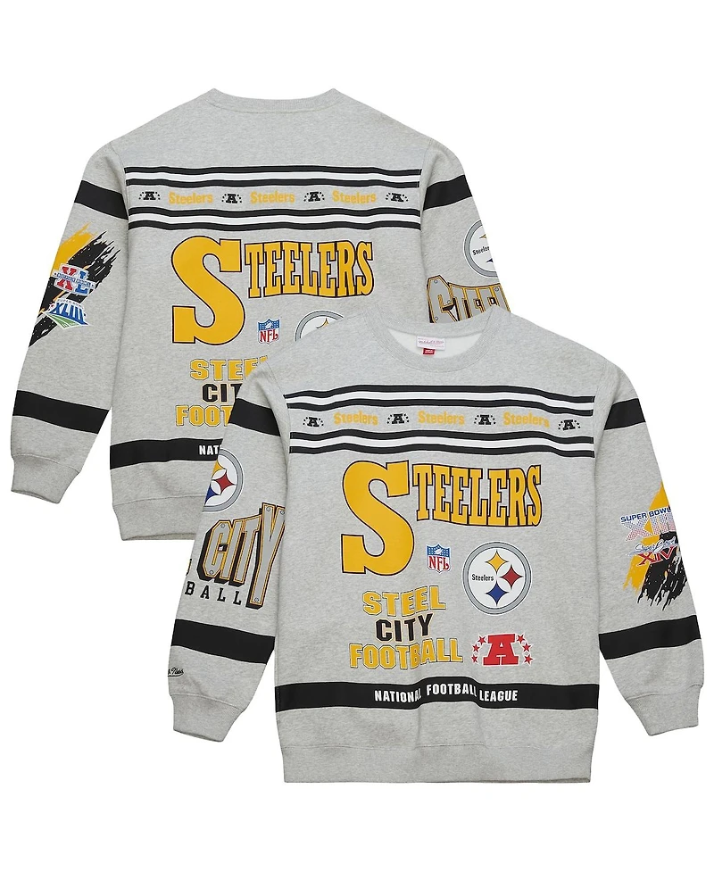 Mitchell & Ness Men's Heather Gray Pittsburgh Steelers All Over Print Fleece Crewneck Sweatshirt