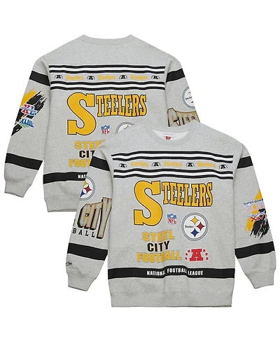 Mitchell & Ness Men's Heather Gray Pittsburgh Steelers All Over Print Fleece Crewneck Sweatshirt