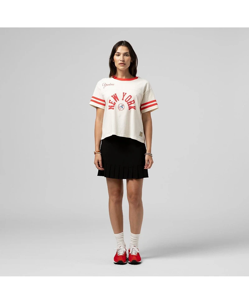 Mitchell & Ness Women's Cream New York Yankees Cooperstown Collection Cropped Yoke T-Shirt