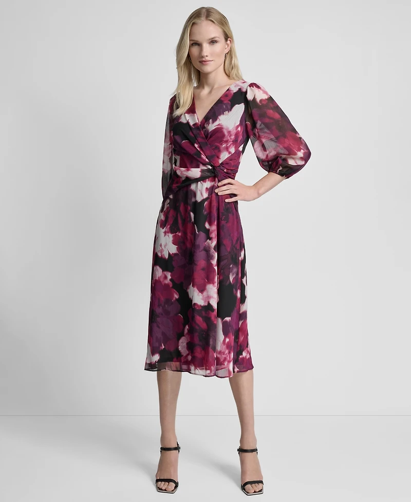 Dkny Women's 3/4 Sleeve V-Neck Fit & Flare Dress