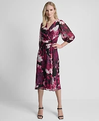 Dkny Women's 3/4 Sleeve V-Neck Fit & Flare Dress