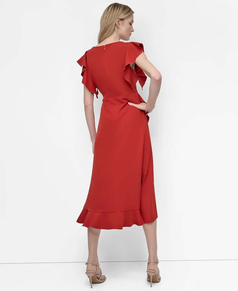 Dkny Women's Ruffle Sleeve V Neck Midi Dress