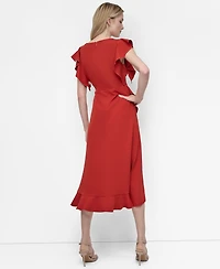 Dkny Women's Ruffle Sleeve V Neck Midi Dress