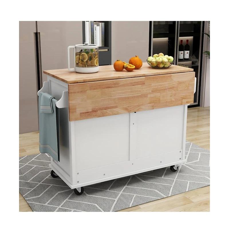 Maison Boucle 52" Rolling Kitchen Island with Drop Leaf, Sliding Barn Door & Adjustable Storage, Mobile Cart with Towel & Spice Rack-Maison Boucle